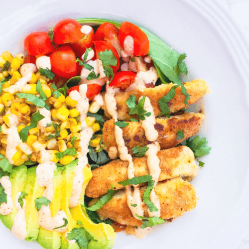 Southwest Chicken Salad: A Joy Fueled Journey-Tasty summer (or anytime) salad with almond crusted chicken and bright veggies. This southwest chicken salad is sure to please!