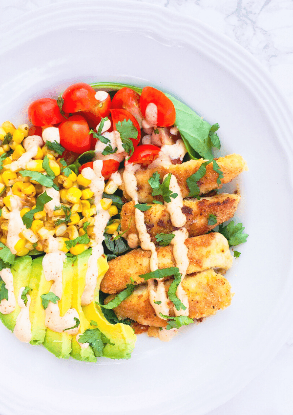 Southwest Chicken Salad: A Joy Fueled Journey-Tasty summer (or anytime) salad with almond crusted chicken and bright veggies. This southwest chicken salad is sure to please!